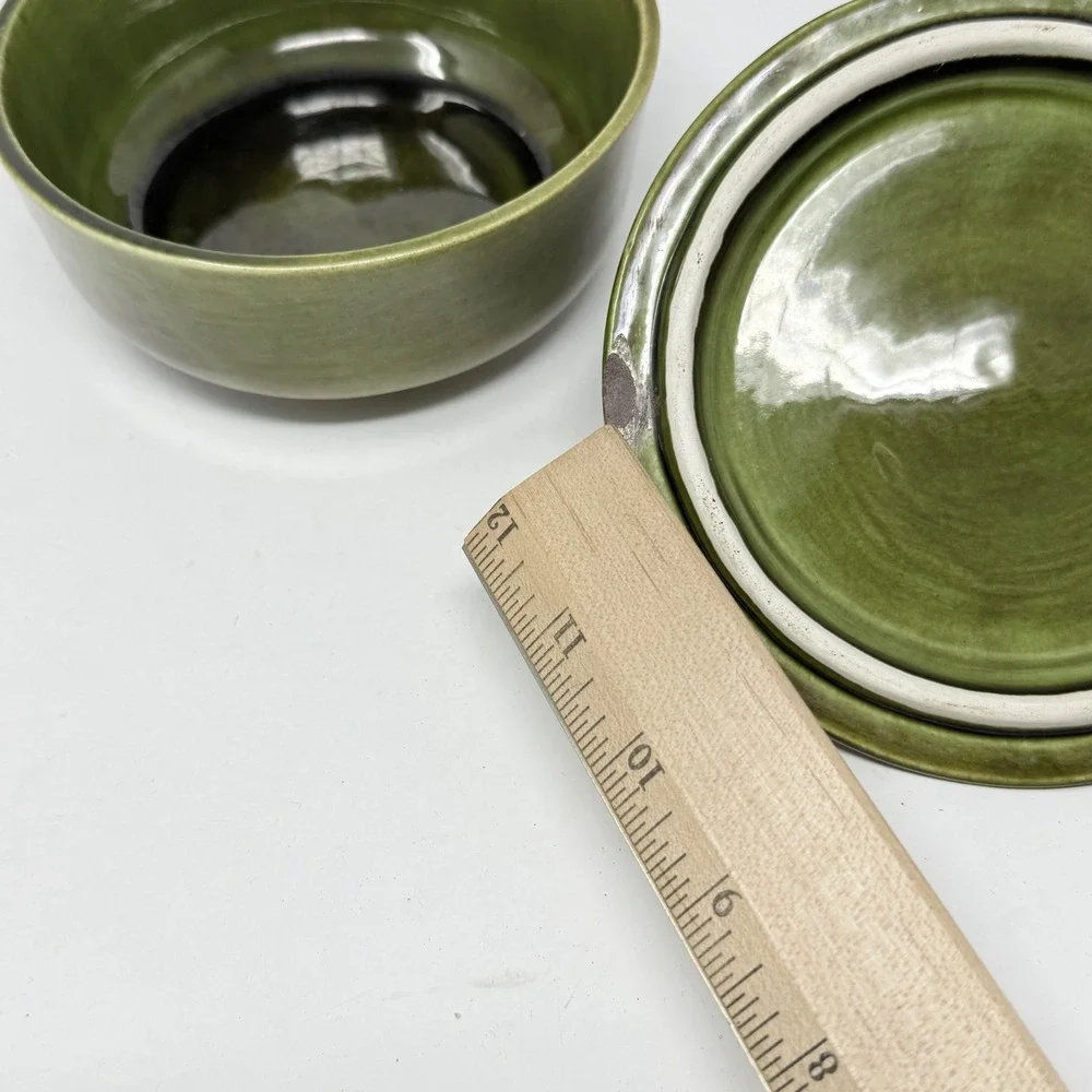 Vintage Wade Of California Pottery Green Drip Glaze‎ Apple Covered Lid Dish #202